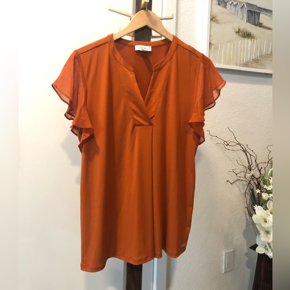 2 for $22 - Calvin Klein Women's Rust Orange Flutter Sleeve Blouse